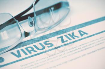 Virus Zika - Printed Diagnosis on Blue Background and Glasses Lying on It. Medical Concept. Blurred Image. 3D Rendering.
