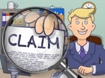 Claim. Paper with Concept in Man's Hand through Magnifying Glass. Colored Modern Line Illustration in Doodle Style.