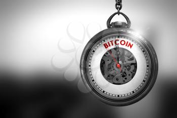 Bitcoin Close Up of Red Text on the Watch Face. Pocket Watch with Bitcoin Text on the Face. 3D Rendering.