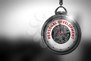 Business Concept: Pocket Watch with Personal Development - Red Text on it Face. Business Concept: Personal Development on Watch Face with Close View of Watch Mechanism. Vintage Effect. 3D Rendering.