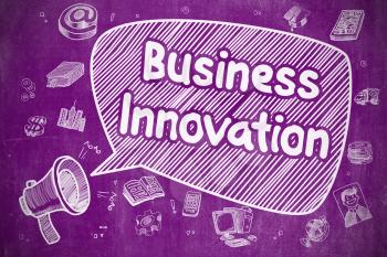 Speech Bubble with Wording Business Innovation Hand Drawn. Illustration on Purple Chalkboard. Advertising Concept. 