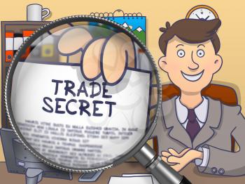 Trade Secret. Paper with Inscription in Businessman's Hand through Magnifier. Multicolor Doodle Style Illustration.