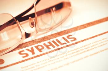 Diagnosis - Syphilis. Medical Concept with Blurred Text and Eyeglasses on Red Background. Selective Focus. 3D Rendering.