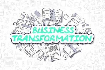 Doodle Illustration of Business Transformation, Surrounded by Stationery. Business Concept for Web Banners, Printed Materials. 