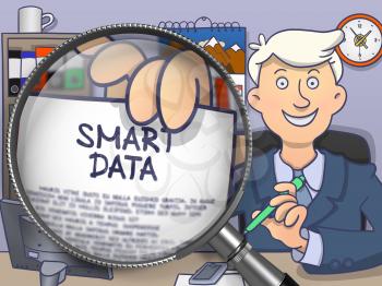 Officeman in Office Showing Text on Paper Smart Data. Closeup View through Magnifying Glass. Multicolor Doodle Style Illustration.