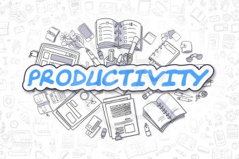 Productivity - Hand Drawn Business Illustration with Business Doodles. Blue Word - Productivity - Cartoon Business Concept. 