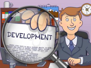 Business Man in Suit Showing Text on Paper Development Concept through Magnifying Glass. Closeup View. Multicolor Doodle Style Illustration.