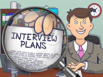 Interview Plans through Magnifier. Business Man Holds Out a Concept on Paper. Closeup View. Colored Modern Line Illustration in Doodle Style.