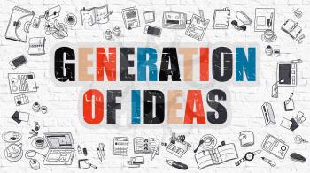 Generation of Ideas. Multicolor Inscription on White Brick Wall with Doodle Icons Around. Modern Style Illustration with Doodle Design Icons. Generation of Ideas on White Brickwall Background.