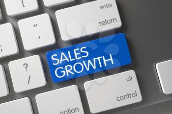 Concept of Sales Growth, with Sales Growth on Blue Enter Button on Slim Aluminum Keyboard. 3D Illustration.