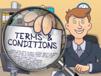 Terms and Conditions. Text on Paper in Business Man's Hand through Magnifier. Multicolor Doodle Illustration.