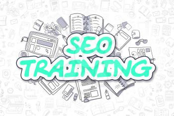 SEO Training - Sketch Business Illustration. Green Hand Drawn Word SEO Training Surrounded by Stationery. Doodle Design Elements. 