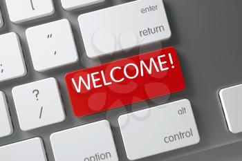 Welcome Concept Computer Keyboard with Welcome on Red Enter Button Background, Selected Focus. 3D Illustration.