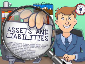 Assets and Liabilities on Paper in Businessman's Hand through Magnifying Glass to Illustrate a Business Concept. Multicolor Doodle Style Illustration.