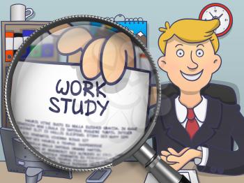 Officeman Showing a Concept on Paper Work Study. Closeup View through Lens. Colored Modern Line Illustration in Doodle Style.
