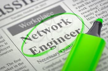 Network Engineer - Classified Advertisement of Hiring in Newspaper, Circled with a Green Marker. Blurred Image. Selective focus. Job Seeking Concept. 3D Illustration.