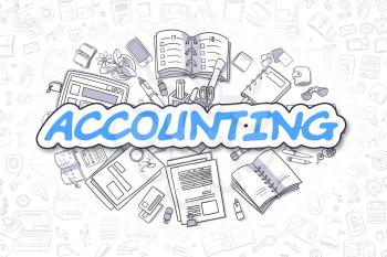 Business Illustration of Accounting. Doodle Blue Word Hand Drawn Doodle Design Elements. Accounting Concept. 