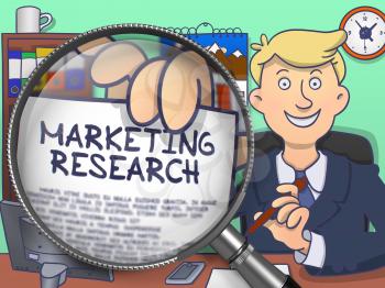 Marketing Research. Paper with Inscription in Officeman's Hand through Magnifying Glass. Multicolor Doodle Illustration.