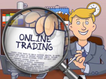 Online Trading on Paper in Officeman's Hand through Lens to Illustrate a Business Concept. Multicolor Doodle Illustration.