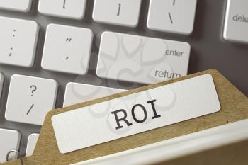 ROI written on  Folder Index on Background of White PC Keyboard. Archive Concept. Closeup View. Blurred Toned Image. 3D Rendering.