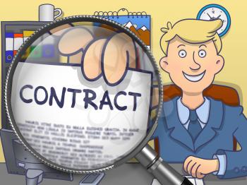 Businessman Shows Paper with Inscription Contract. Closeup View through Lens. Colored Doodle Style Illustration.
