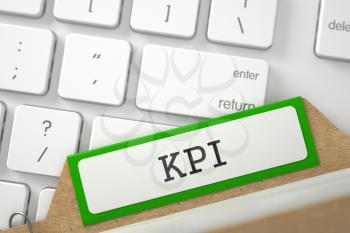 Green Folder Register with KPI Lays on White Modern Keypad. Close Up View. Selective Focus. 3D Rendering.