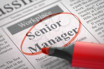 Senior Manager - Vacancy in Newspaper, Circled with a Red Marker. Blurred Image. Selective focus. Job Seeking Concept. 3D Illustration.