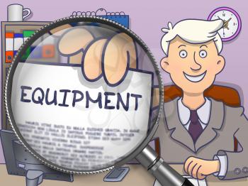 Equipment on Paper in Officeman's Hand to Illustrate a Business Concept. Closeup View through Lens. Multicolor Modern Line Illustration in Doodle Style.