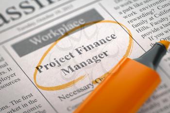 Project Finance Manager. Newspaper with the Vacancy, Circled with a Orange Highlighter. Blurred Image with Selective focus. Job Seeking Concept. 3D Illustration.