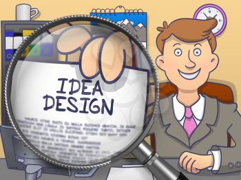 Idea Design. Cheerful Man Welcomes in Office and Showing Paper with Concept through Magnifying Glass. Colored Doodle Illustration.