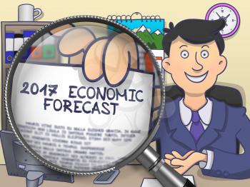 Man Holding a Paper with Inscription 2017 Economic Forecast Concept through Magnifying Glass. Closeup View. Multicolor Doodle Illustration.