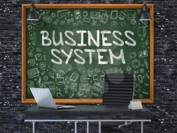 Business System - Hand Drawn on Green Chalkboard in Modern Office Workplace. Illustration with Doodle Design Elements. 3D.