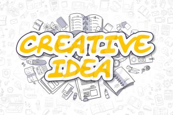 Yellow Inscription - Creative Idea. Business Concept with Cartoon Icons. Creative Idea - Hand Drawn Illustration for Web Banners and Printed Materials. 