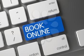Book Online Concept Modernized Keyboard with Book Online on Blue Enter Keypad Background, Selected Focus. 3D Illustration.
