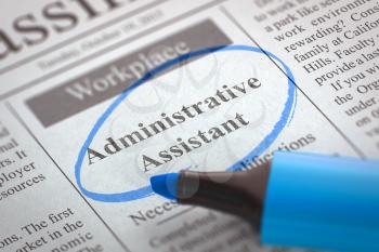 A Newspaper Column in the Classifieds with the Vacancy of Administrative Assistant, Circled with a Blue Marker. Blurred Image with Selective focus. Job Search Concept. 3D.