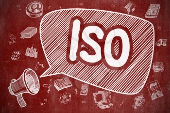 ISO - International Organization Standardization on Speech Bubble. Hand Drawn Illustration of Shouting Megaphone. Advertising Concept. 