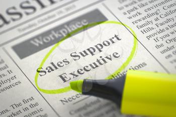 Sales Support Executive - Job Vacancy in Newspaper, Circled with a Yellow Marker. Blurred Image with Selective focus. Job Seeking Concept. 3D Rendering.