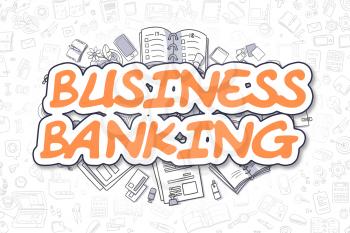 Cartoon Illustration of Business Banking, Surrounded by Stationery. Business Concept for Web Banners, Printed Materials. 