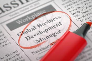 Newspaper with Jobs Section Vacancy Global Business Development Manager. Blurred Image with Selective focus. Job Search Concept. 3D Rendering.