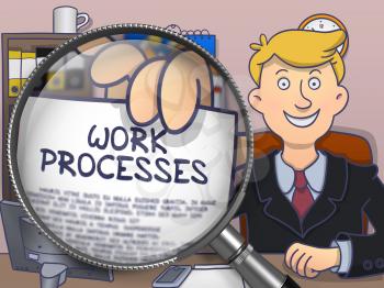 Work Processes. Smiling Business Man in Office Holds Out a Concept on Paper through Magnifier. Multicolor Doodle Illustration.