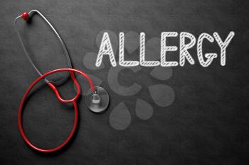 Medical Concept: Allergy - Text on Black Chalkboard with Red Stethoscope. Medical Concept: Allergy Handwritten on Black Chalkboard. 3D Rendering.