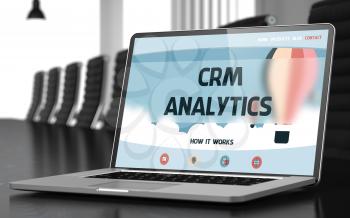 Closeup Crm Analytics Concept on Landing Page of Mobile Computer Display in Modern Meeting Hall. Blurred Image with Selective focus. 3D.