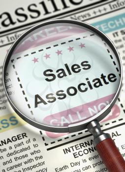 Sales Associate - Jobs in Newspaper. Sales Associate. Newspaper with the Job Vacancy. Job Seeking Concept. Selective focus. 3D.