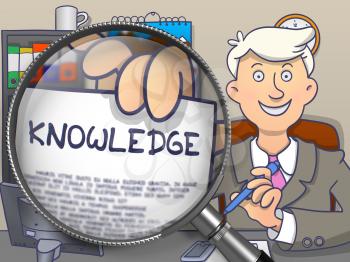 Knowledge on Paper in Business Man's Hand to Illustrate a Business Concept. Closeup View through Magnifying Glass. Multicolor Doodle Style Illustration.