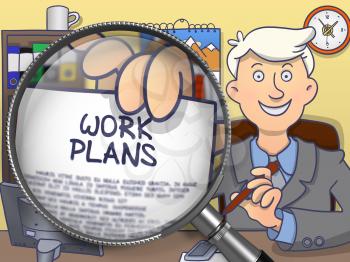 Work Plans. Businessman Showing a Concept on Paper through Lens. Colored Modern Line Illustration in Doodle Style.