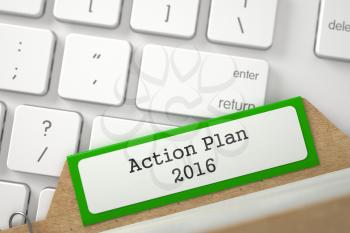 Action Plan 2016 Concept. Word on Green Folder Register of Card Index. Close Up View. Selective Focus. 3D Rendering.