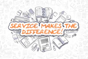 Service Makes The Difference Doodle Illustration of Orange Inscription and Stationery Surrounded by Cartoon Icons. Business Concept for Web Banners and Printed Materials. 