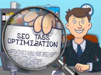 SEO Tags Optimization. Business Man in Office Workplace Holds Out through Magnifying Glass Paper with Text. Colored Doodle Style Illustration.
