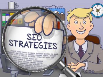 SEO Strategies on Paper in Businessman's Hand to Illustrate a Business Concept. Closeup View through Lens. Colored Doodle Illustration.