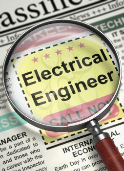 Electrical Engineer - Searching Job in Newspaper. Electrical Engineer - CloseUp View of Jobs in Newspaper with Magnifier. Hiring Concept. Selective focus. 3D Rendering.